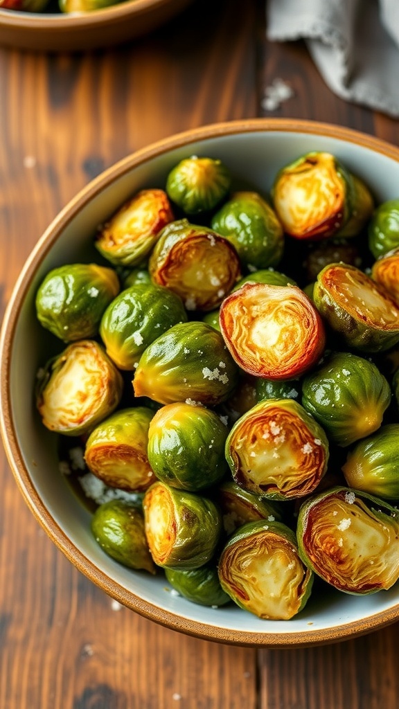 Crispy Air Fryer Frozen Brussels Sprouts Recipe Crispy air-fried Brussels sprouts garnished with Parmesan cheese in a bowl on a wooden table.